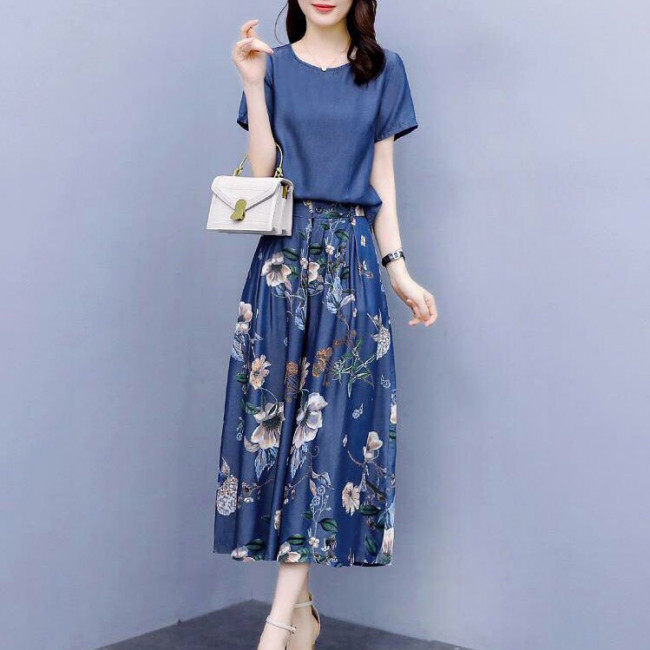 Set 2 món denim hoa quần ống rộng