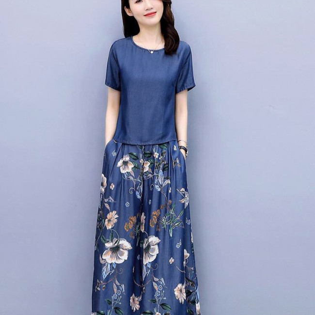 Set 2 món denim hoa quần ống rộng