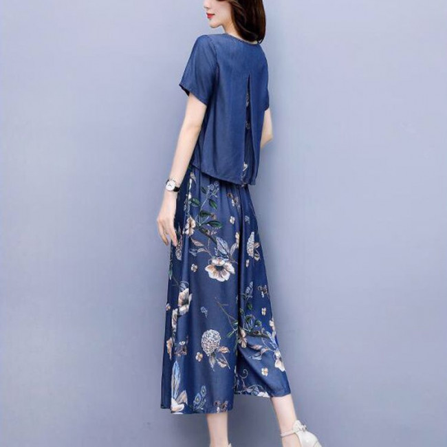 Set 2 món denim hoa quần ống rộng