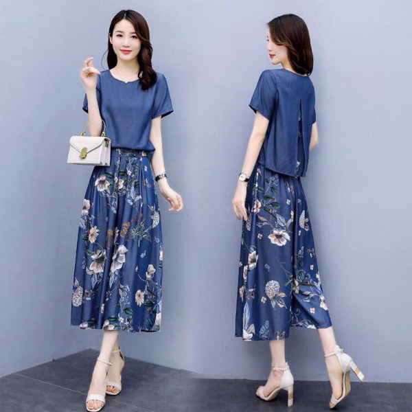 Set 2 món denim hoa quần ống rộng